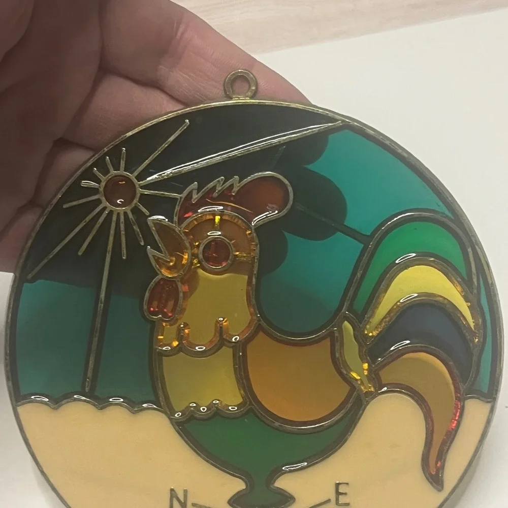 Stained Glass Rooster Sun‎ Catcher Window Decor Round Metal Frame